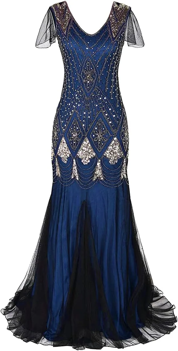 Women Vintage 1920s Gatsby Flapper Evening Party Dress V Neck Art Deco Sequins Mermaid Hem Cocktail Formal Long Maxi Gown