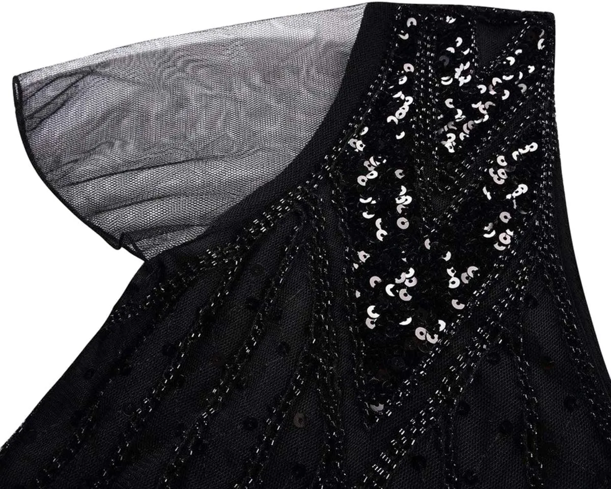 Women Vintage 1920s Gatsby Flapper Evening Party Dress V Neck Art Deco Sequins Mermaid Hem Cocktail Formal Long Maxi Gown