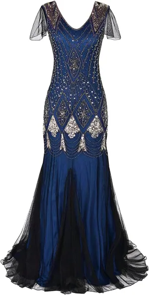 Women Vintage 1920s Gatsby Flapper Evening Party Dress V Neck Art Deco Sequins Mermaid Hem Cocktail Formal Long Maxi Gown