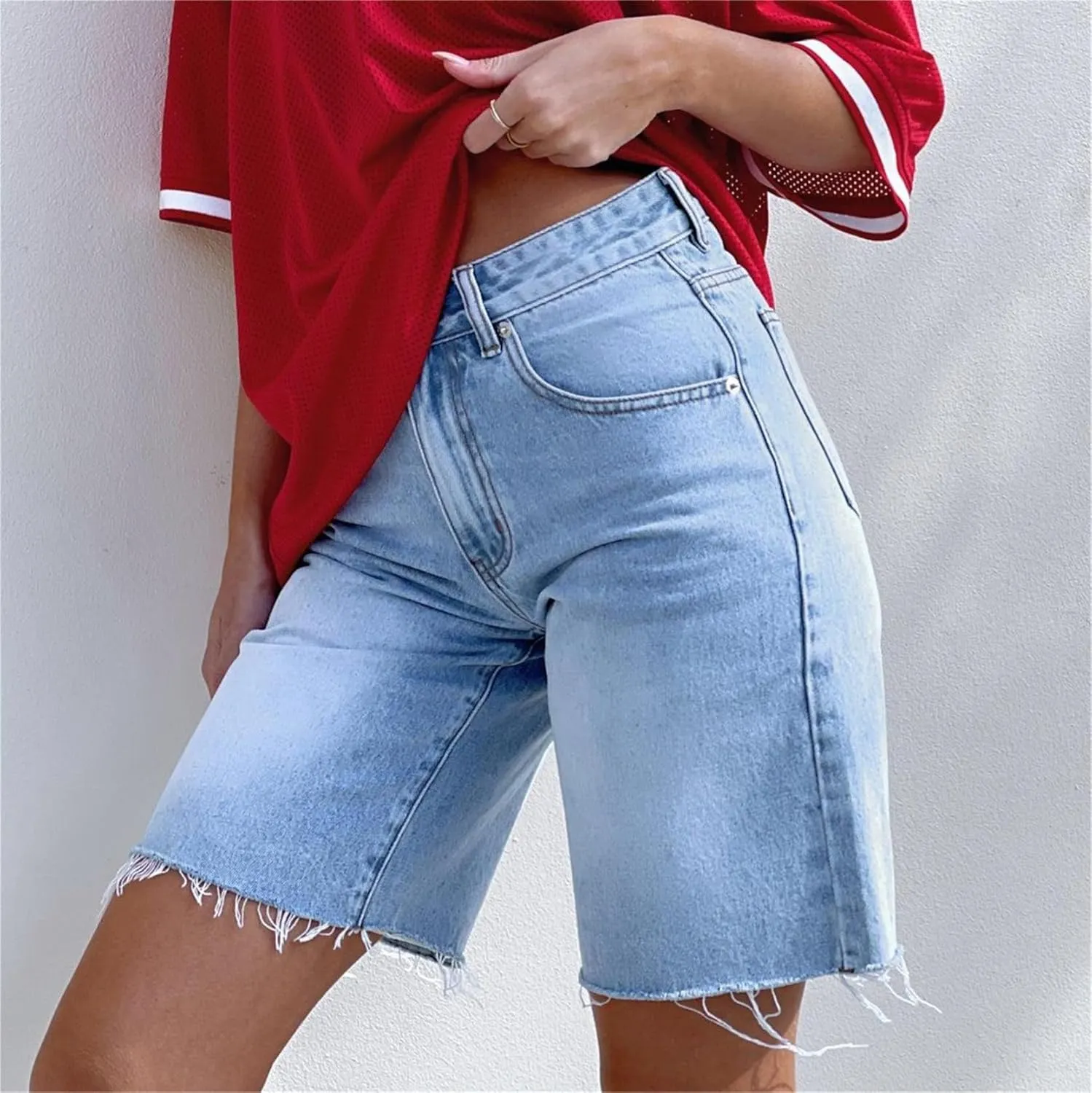 Women Y2K Baggy Denim Shorts Loose Mid Rise Cargo Long Jean Shorts Summer Wide Leg Distressed Carpenter Jorts