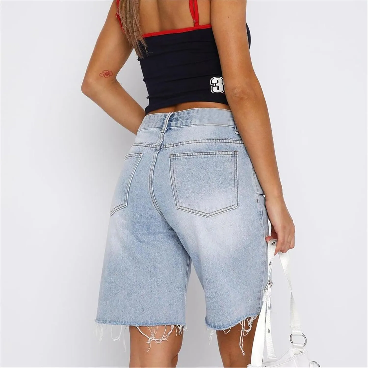 Women Y2K Baggy Denim Shorts Loose Mid Rise Cargo Long Jean Shorts Summer Wide Leg Distressed Carpenter Jorts