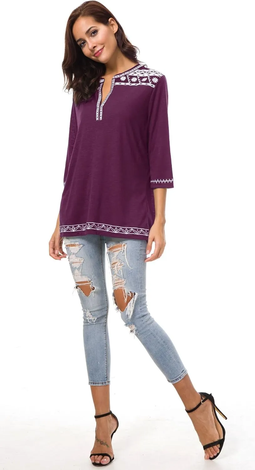 Women's 3/4 Sleeve Boho Shirts Embroidered Peasant Top