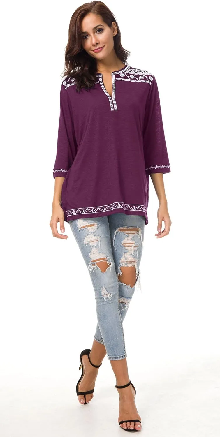 Women's 3/4 Sleeve Boho Shirts Embroidered Peasant Top