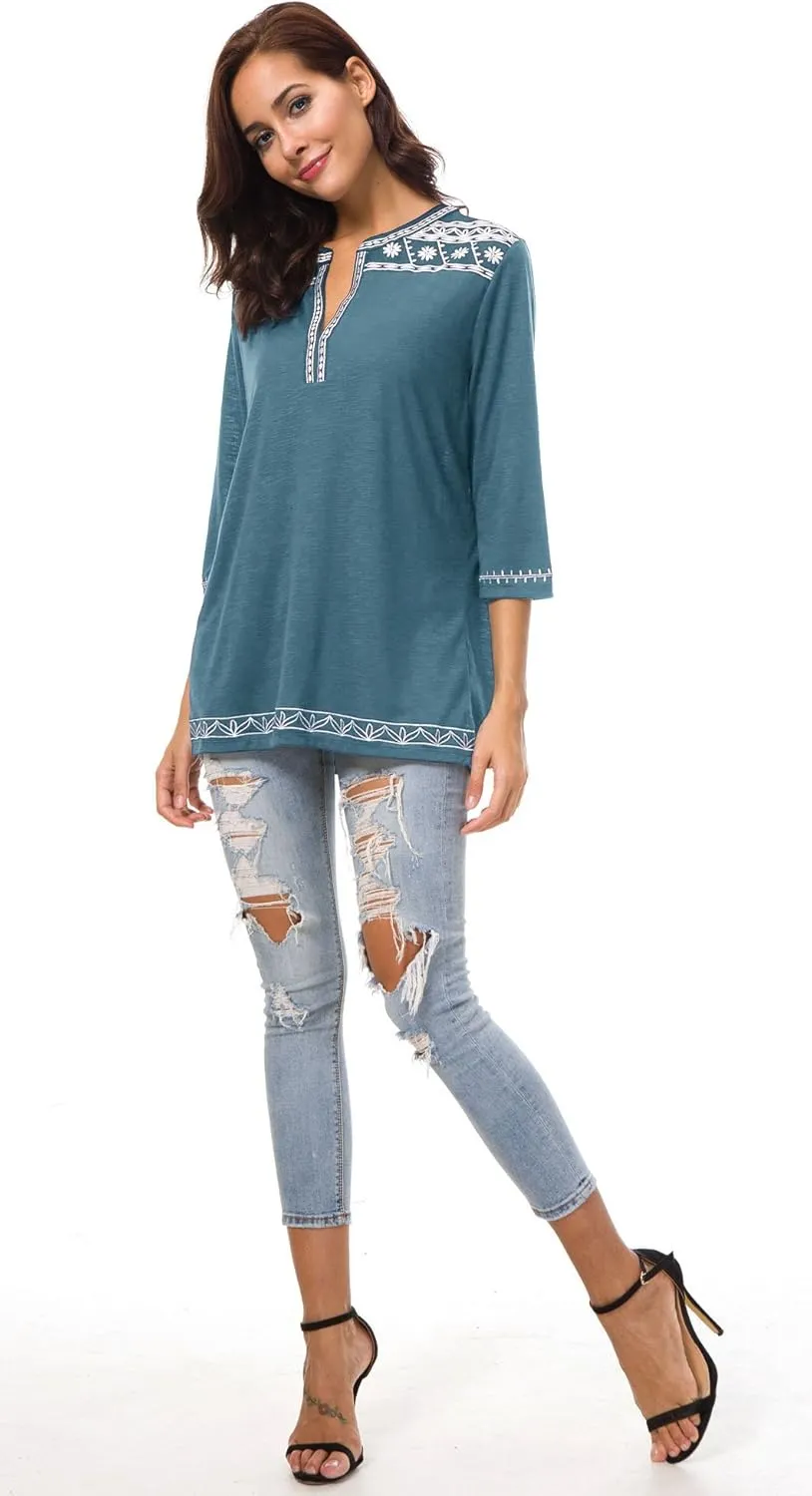 Women's 3/4 Sleeve Boho Shirts Embroidered Peasant Top