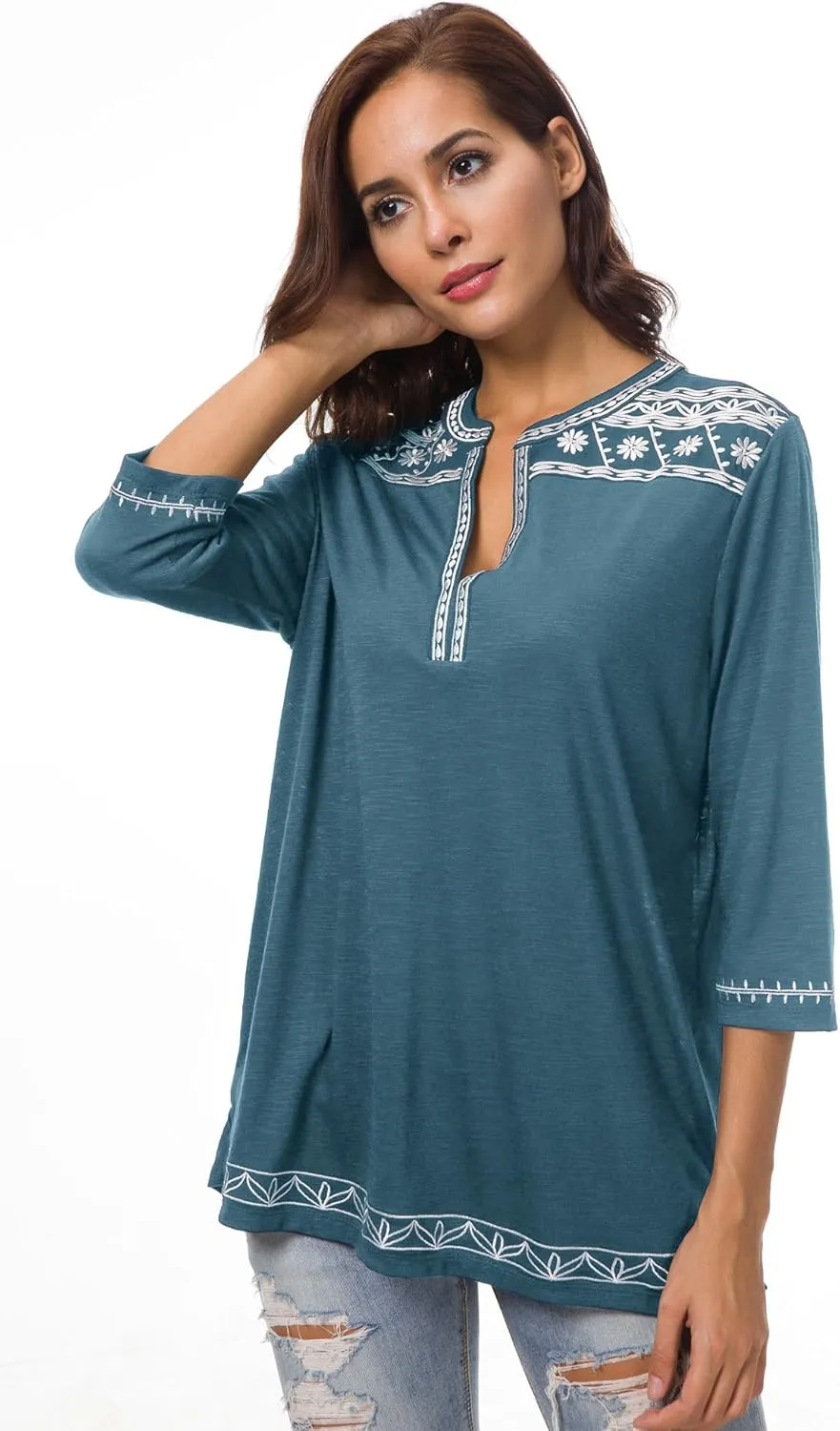 Women's 3/4 Sleeve Boho Shirts Embroidered Peasant Top