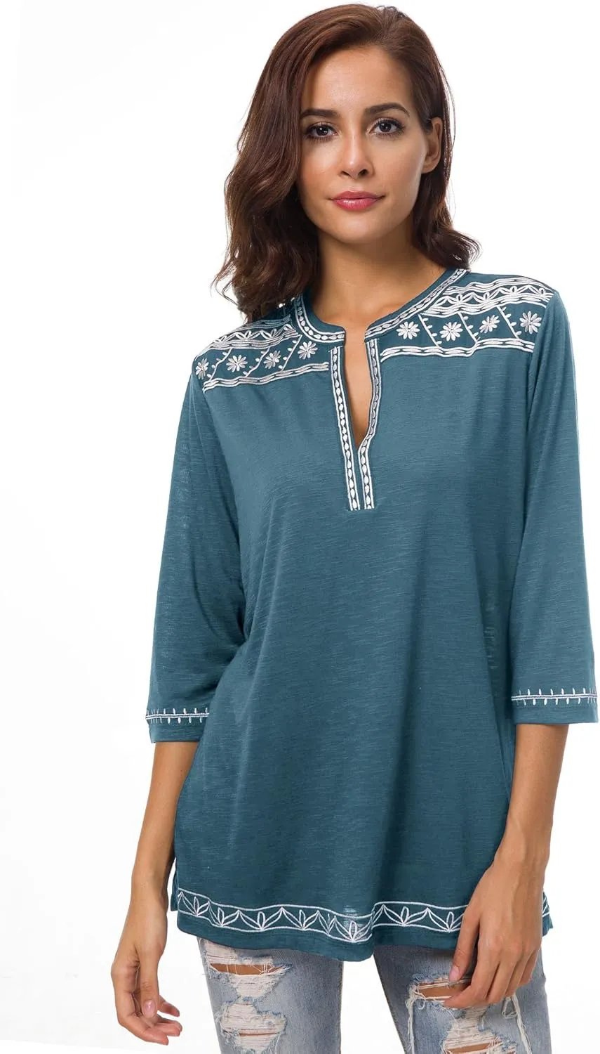 Women's 3/4 Sleeve Boho Shirts Embroidered Peasant Top