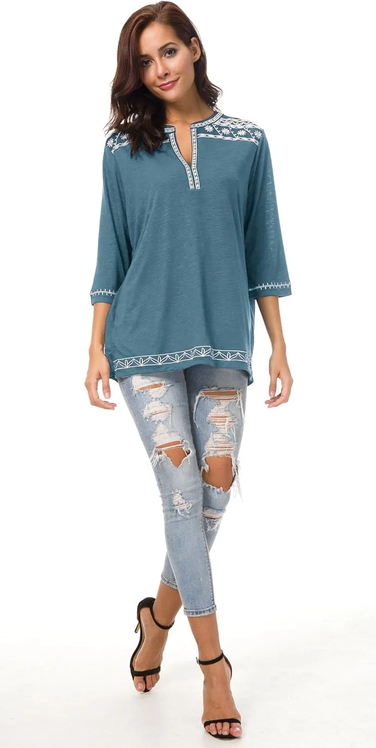 Women's 3/4 Sleeve Boho Shirts Embroidered Peasant Top