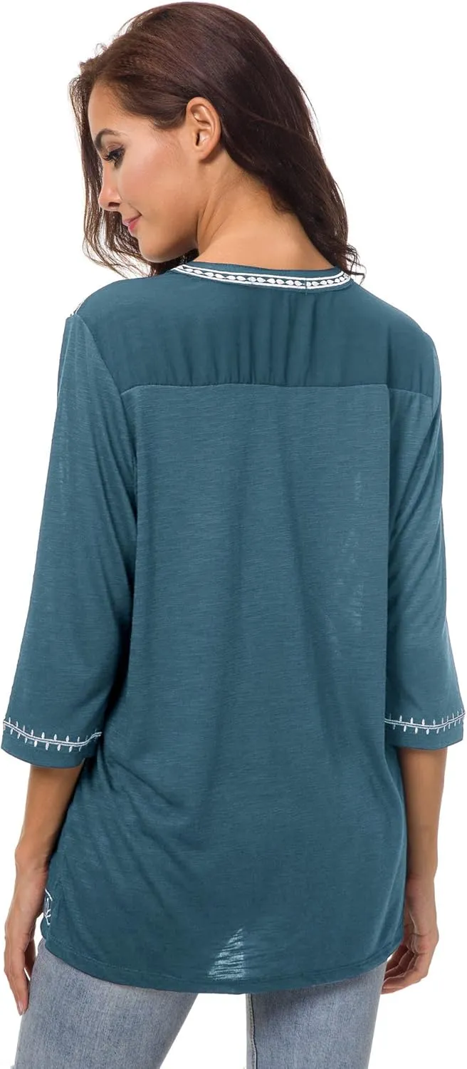 Women's 3/4 Sleeve Boho Shirts Embroidered Peasant Top