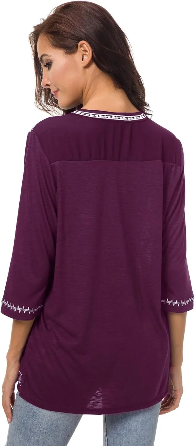 Women's 3/4 Sleeve Boho Shirts Embroidered Peasant Top