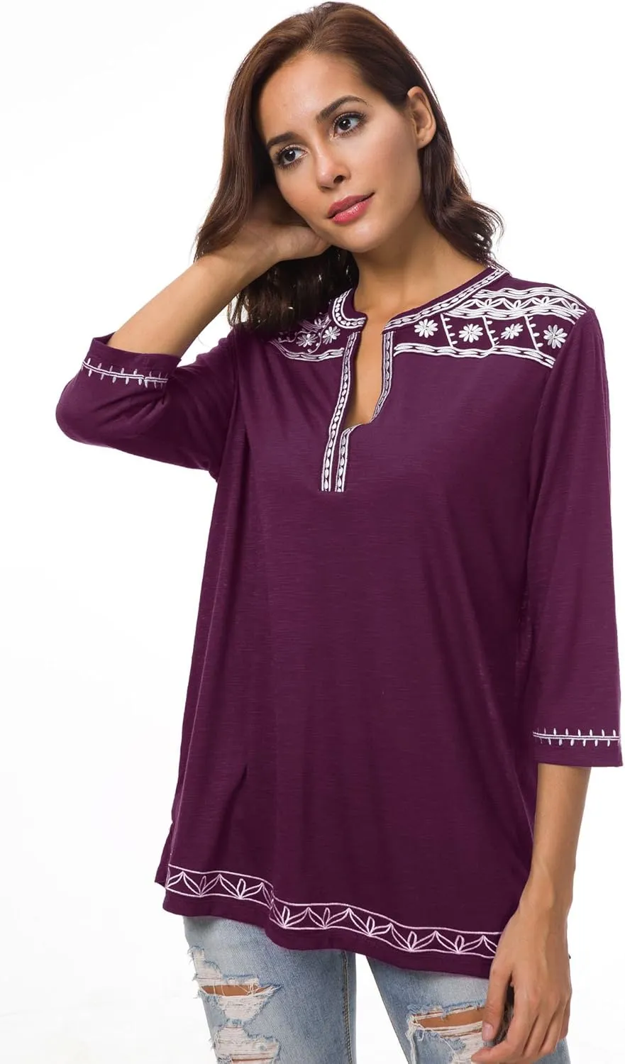 Women's 3/4 Sleeve Boho Shirts Embroidered Peasant Top