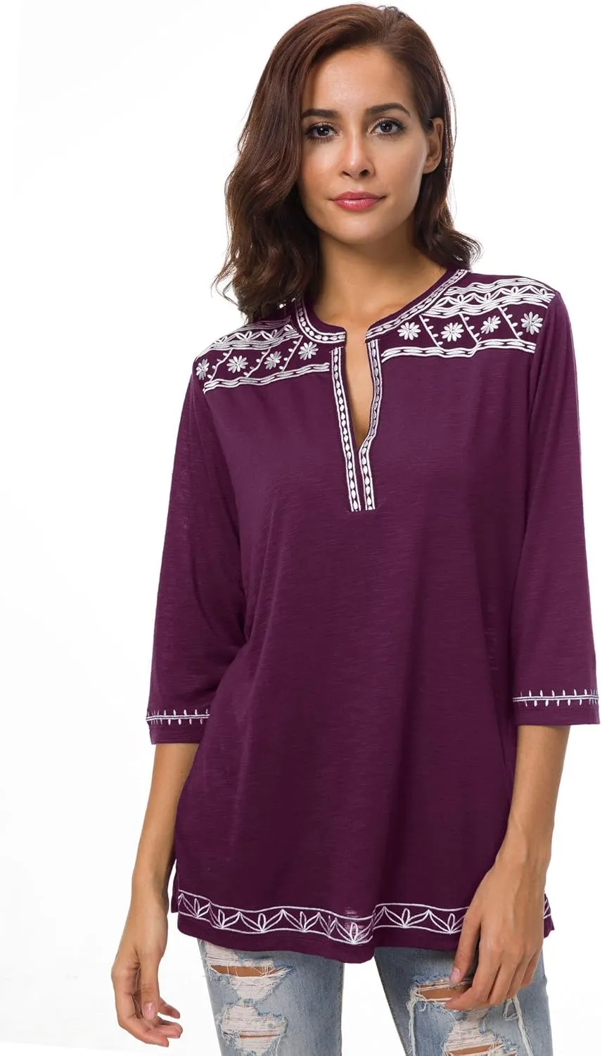 Women's 3/4 Sleeve Boho Shirts Embroidered Peasant Top