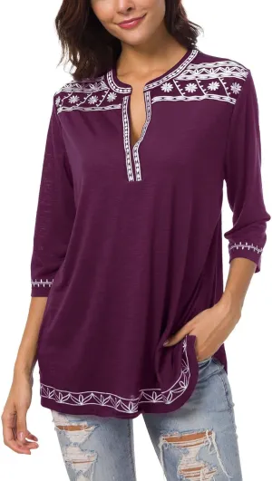 Women's 3/4 Sleeve Boho Shirts Embroidered Peasant Top
