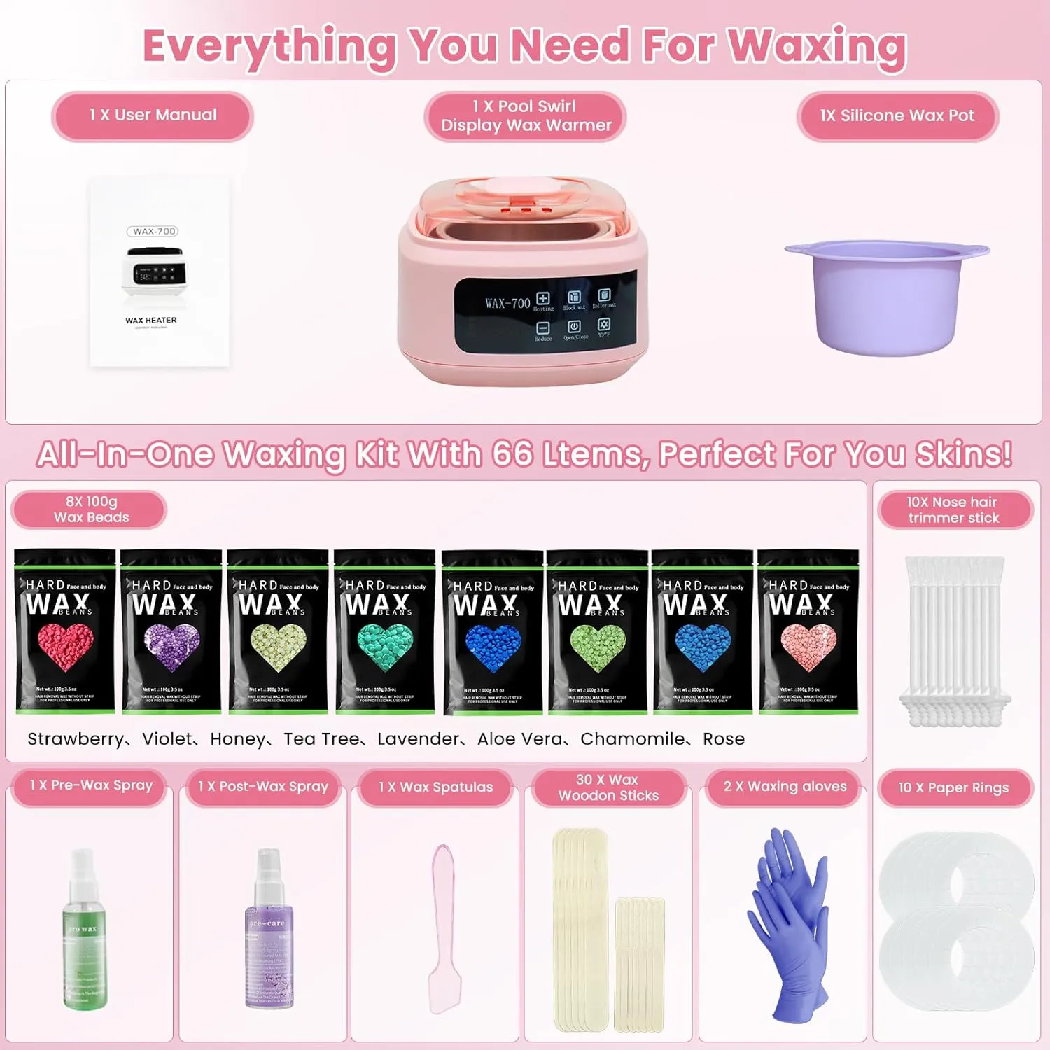 Women's and Men's Hair Removal Set 500ml Touchscreen Wax Heater, Brazil/Full Body/Bikini/Hair Removal Hard Wax Beads, including 66 accessory combinations, suitable for families, salons, and beginners
