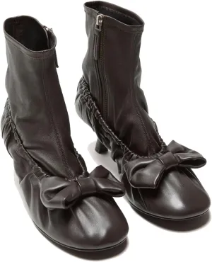 Women's Bowknot Ankle Boots - Round Toe Mid Heel, Side Zipper, Leather & Stretch Fabric Patchwork Cute Fashion Boots