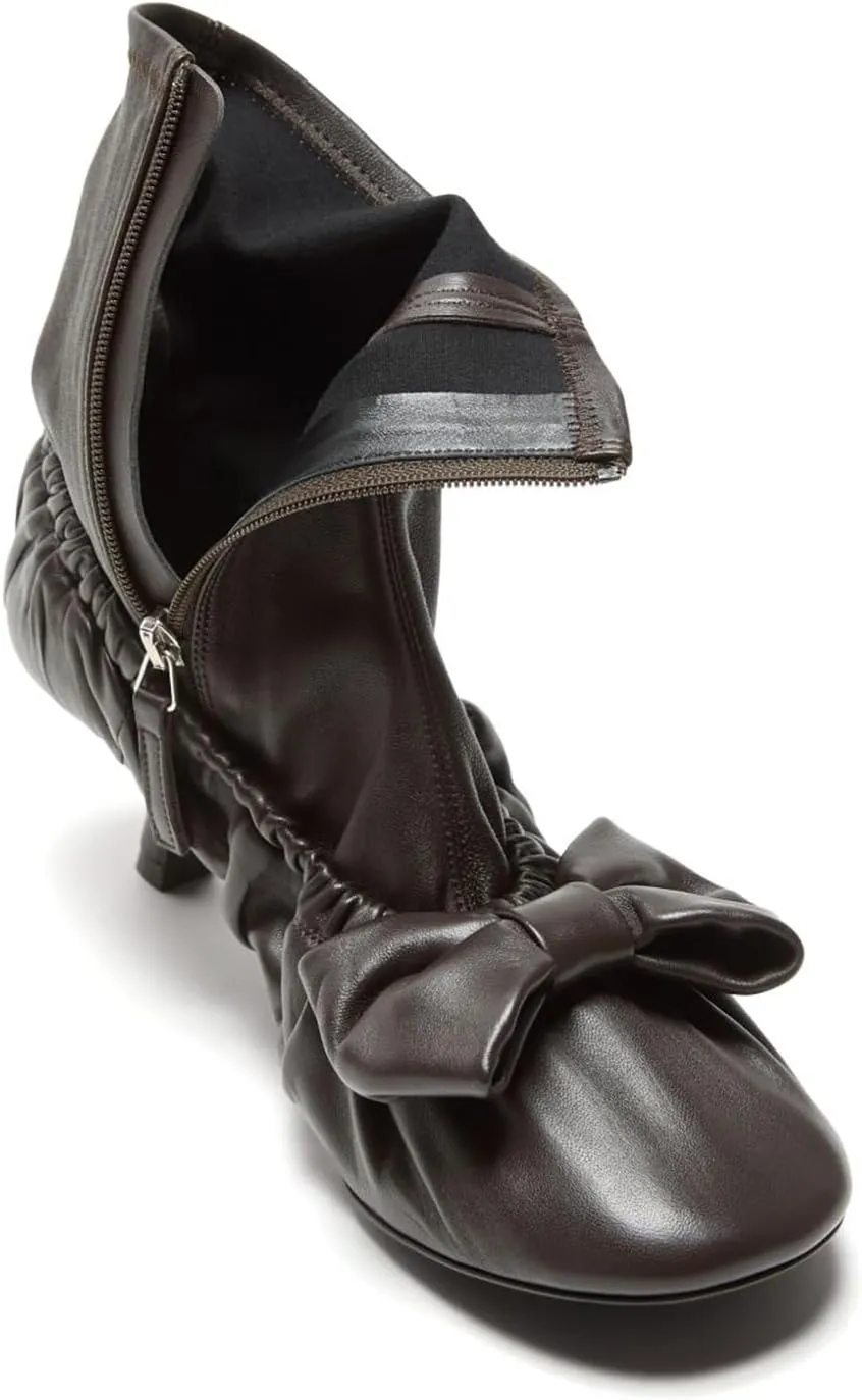 Women's Bowknot Ankle Boots - Round Toe Mid Heel, Side Zipper, Leather & Stretch Fabric Patchwork Cute Fashion Boots