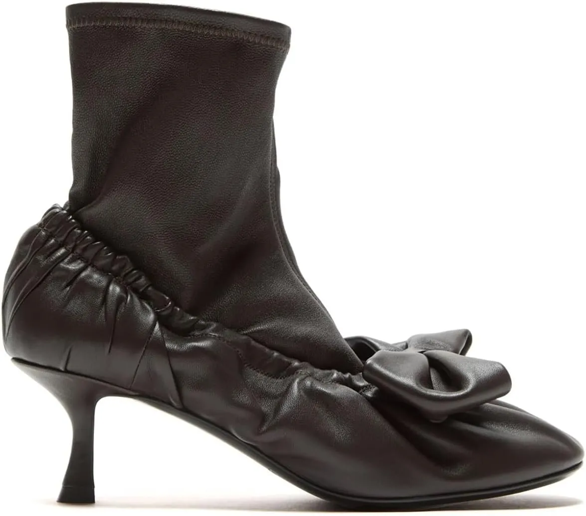 Women's Bowknot Ankle Boots - Round Toe Mid Heel, Side Zipper, Leather & Stretch Fabric Patchwork Cute Fashion Boots