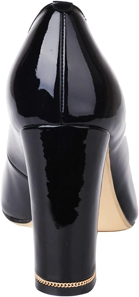 Women's Chunky Heel Ornament Decoration Genuine Leather Dress Pumps Shoes for Official Occasion