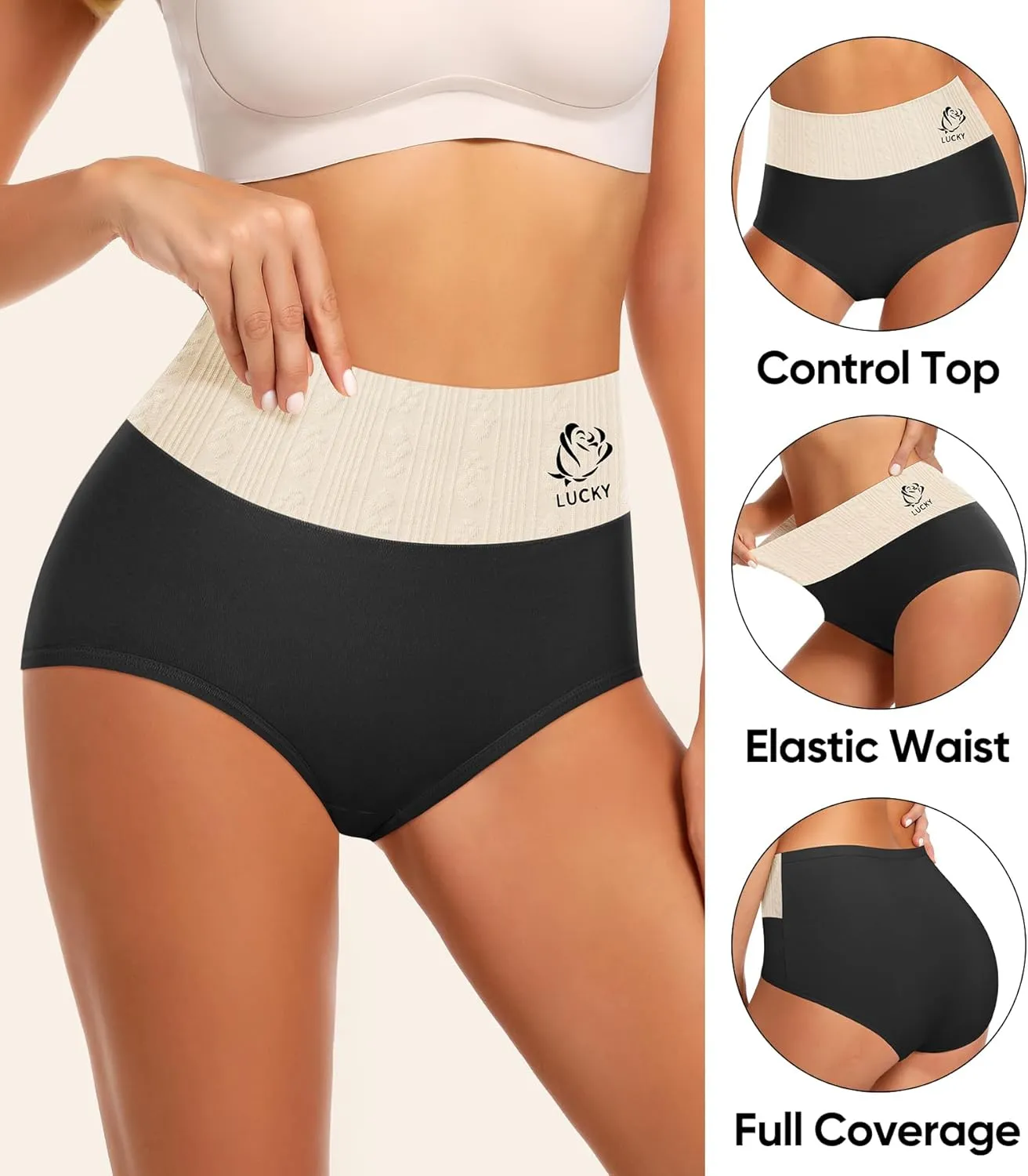 Women's Cotton Underwear High Waisted Tummy Control Soft Stretch Briefs Full Coverage Panties 5 Pack