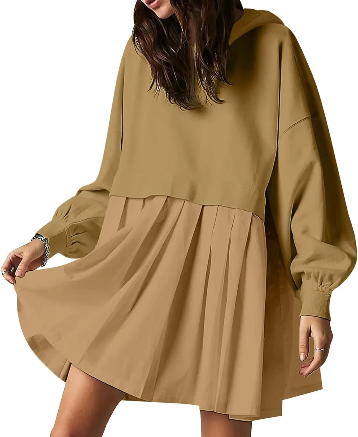Womens Dress Fall 2024 Long Sleeve Front A Line Pleated Cute Patchwork Sweatshirt Dress Casual Babydoll Mini Dresses