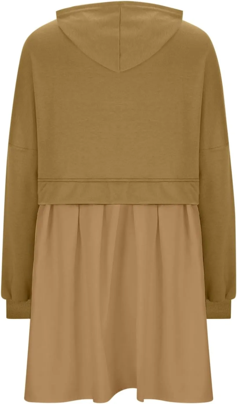 Womens Dress Fall 2024 Long Sleeve Front A Line Pleated Cute Patchwork Sweatshirt Dress Casual Babydoll Mini Dresses