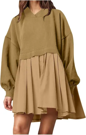Womens Dress Fall 2024 Long Sleeve Front A Line Pleated Cute Patchwork Sweatshirt Dress Casual Babydoll Mini Dresses