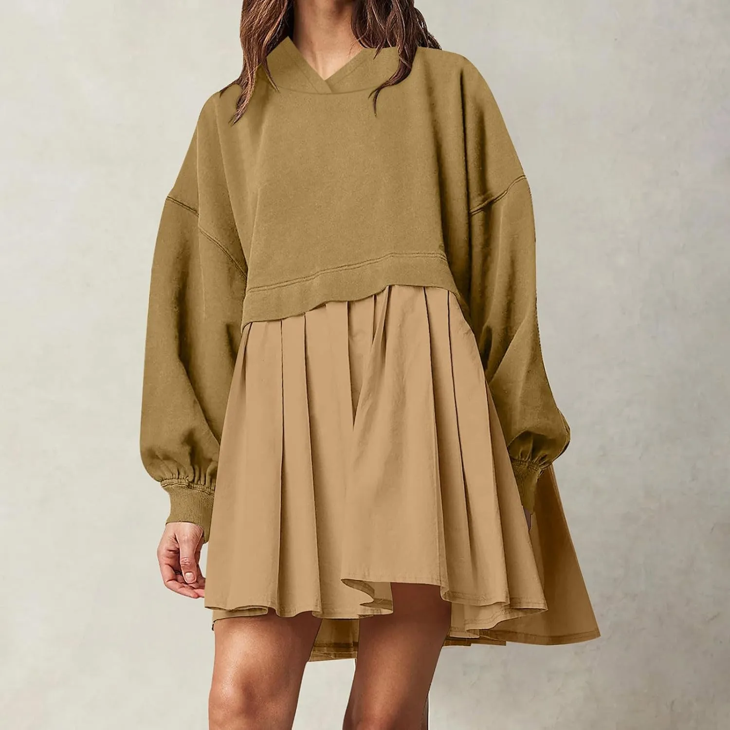 Womens Dress Fall 2024 Long Sleeve Front A Line Pleated Cute Patchwork Sweatshirt Dress Casual Babydoll Mini Dresses