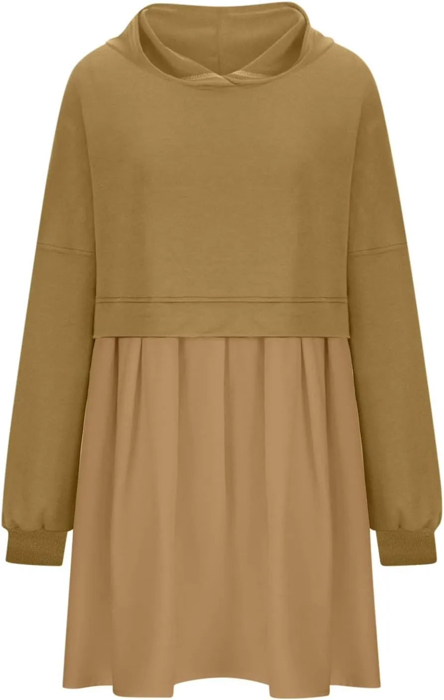 Womens Dress Fall 2024 Long Sleeve Front A Line Pleated Cute Patchwork Sweatshirt Dress Casual Babydoll Mini Dresses