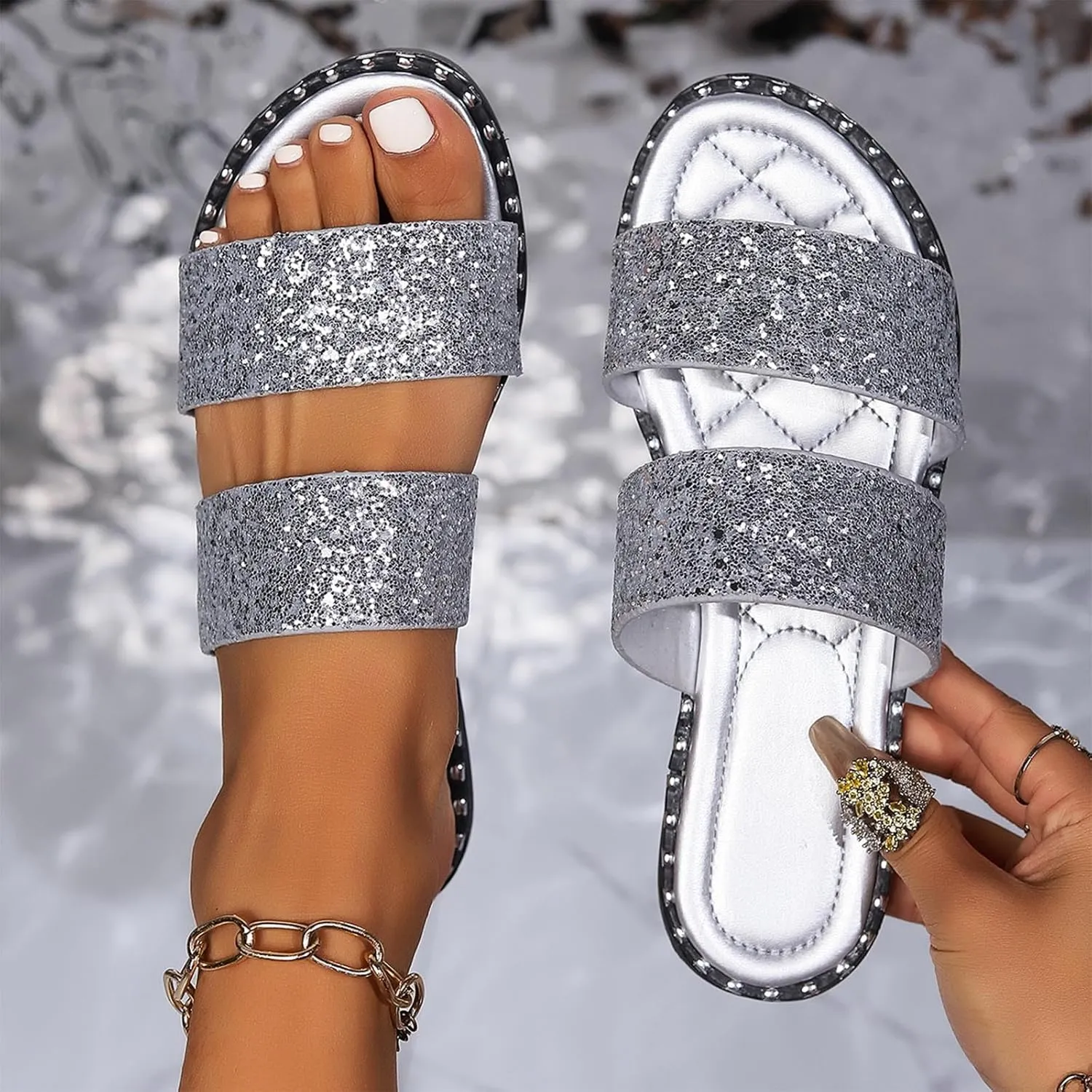 Women's Fashion Frosted Sequin Line Over Beach Flats Sandals Summer Lightweight Breathable Casual Pool Slippers