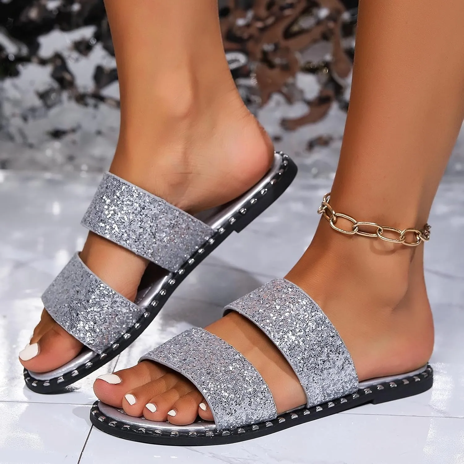 Women's Fashion Frosted Sequin Line Over Beach Flats Sandals Summer Lightweight Breathable Casual Pool Slippers