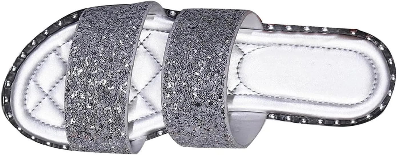 Women's Fashion Frosted Sequin Line Over Beach Flats Sandals Summer Lightweight Breathable Casual Pool Slippers