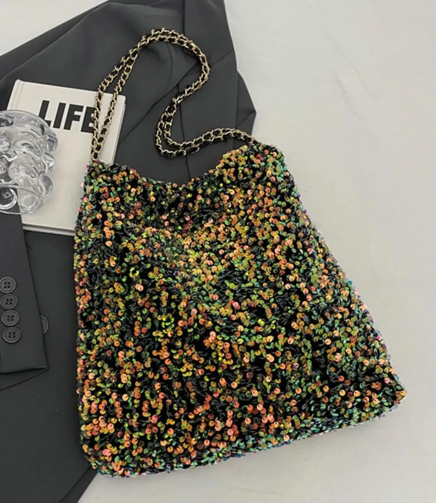 Womens Fashion Shoulder Bag Y2k Sparkly Glitter Sequin Purse Large Totes Top Handle Satchel with Chain Party