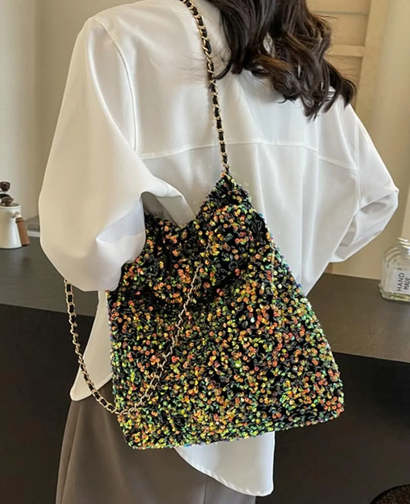 Womens Fashion Shoulder Bag Y2k Sparkly Glitter Sequin Purse Large Totes Top Handle Satchel with Chain Party