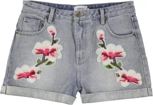 Womens Floral Patched Casual Denim Shorts, Blue, Medium