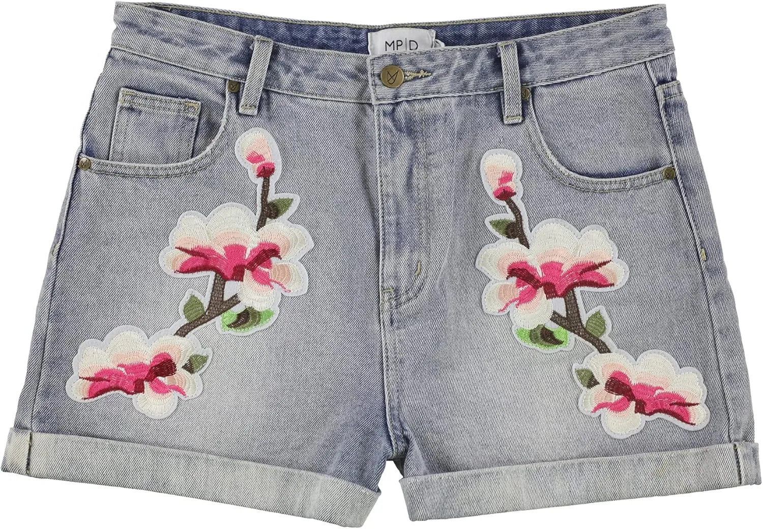 Womens Floral Patched Casual Denim Shorts, Blue, Medium