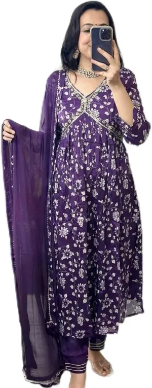 Women's Floral Print Anarkali Dress Set, 3-Piece Suit with Dupatta and Pants, Purple