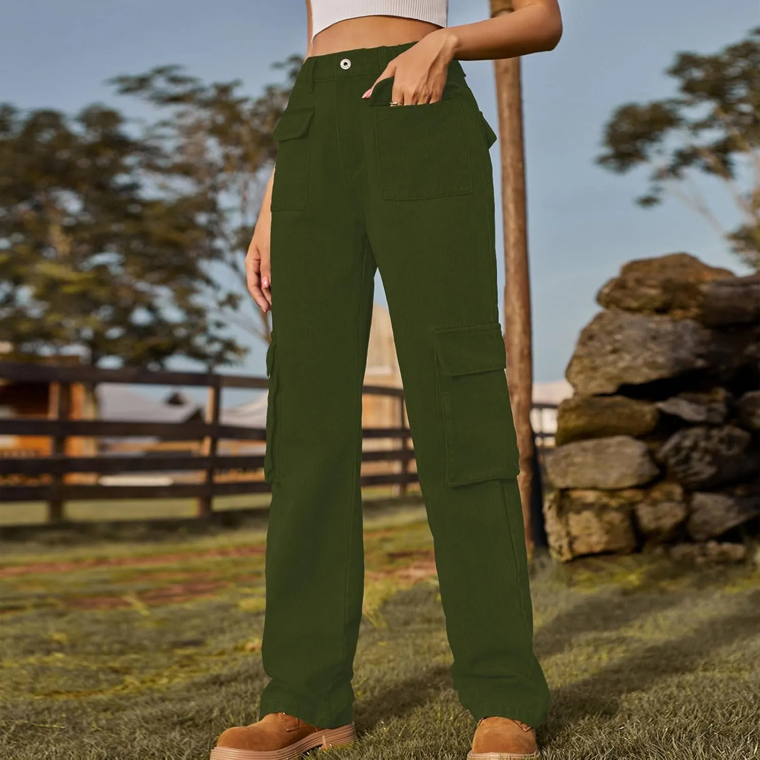 Womens High Waisted Cargo Jeans Casual Stretchy Wide Leg Cargo Pants with 6 Pockets Y2K Streetwear Denim Trousers