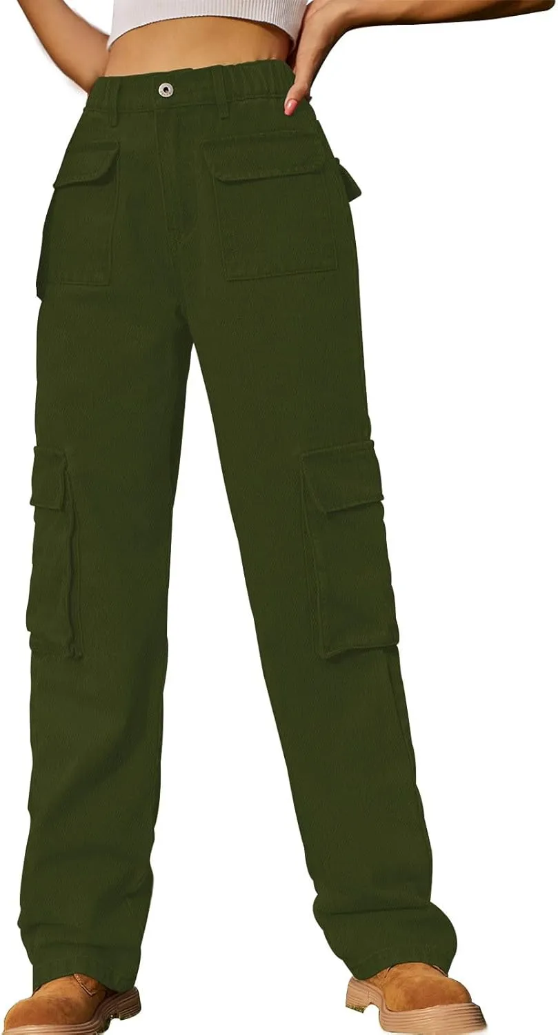 Womens High Waisted Cargo Jeans Casual Stretchy Wide Leg Cargo Pants with 6 Pockets Y2K Streetwear Denim Trousers