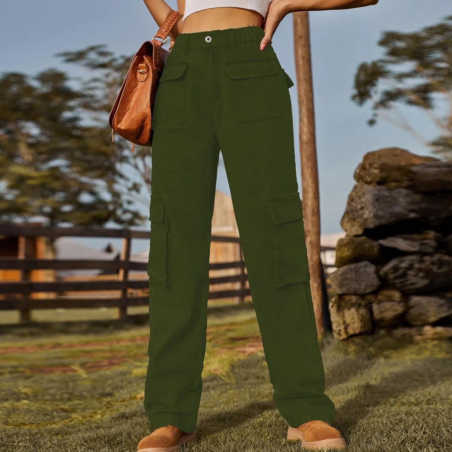 Womens High Waisted Cargo Jeans Casual Stretchy Wide Leg Cargo Pants with 6 Pockets Y2K Streetwear Denim Trousers