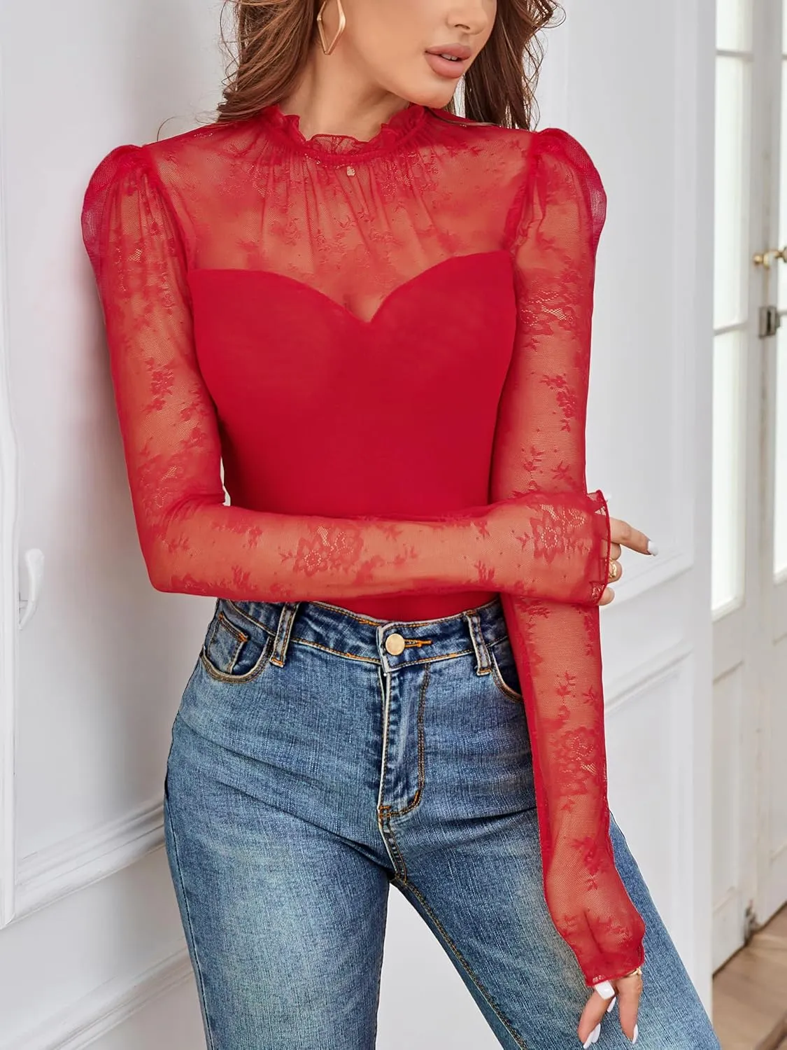 Women's Lace Mesh Crochet Splicing Sheer Long Sleeve Bodysuit Turtleneck Jumpsuit Body Suits Going Out Tops