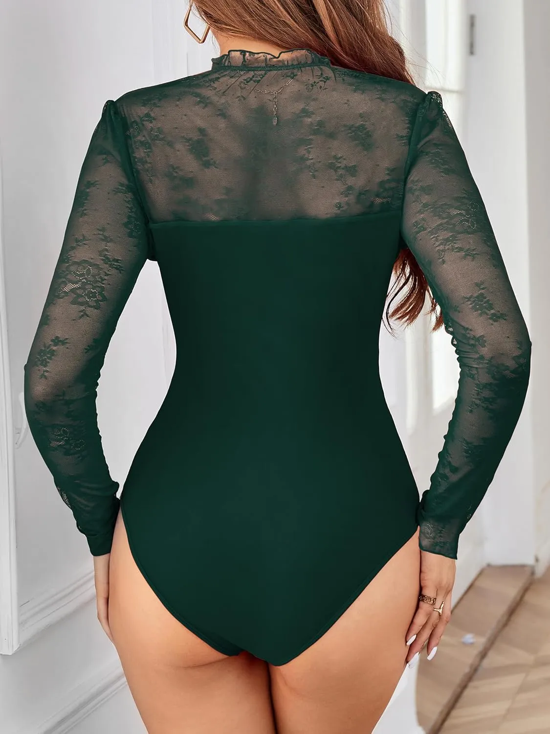 Women's Lace Mesh Crochet Splicing Sheer Long Sleeve Bodysuit Turtleneck Jumpsuit Body Suits Going Out Tops