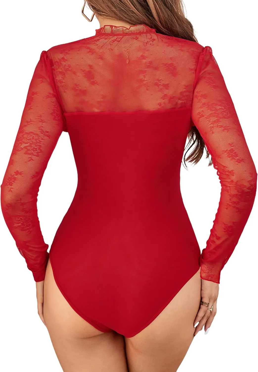 Women's Lace Mesh Crochet Splicing Sheer Long Sleeve Bodysuit Turtleneck Jumpsuit Body Suits Going Out Tops