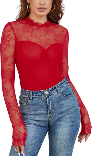 Women's Lace Mesh Crochet Splicing Sheer Long Sleeve Bodysuit Turtleneck Jumpsuit Body Suits Going Out Tops