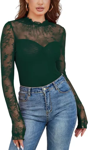 Women's Lace Mesh Crochet Splicing Sheer Long Sleeve Bodysuit Turtleneck Jumpsuit Body Suits Going Out Tops