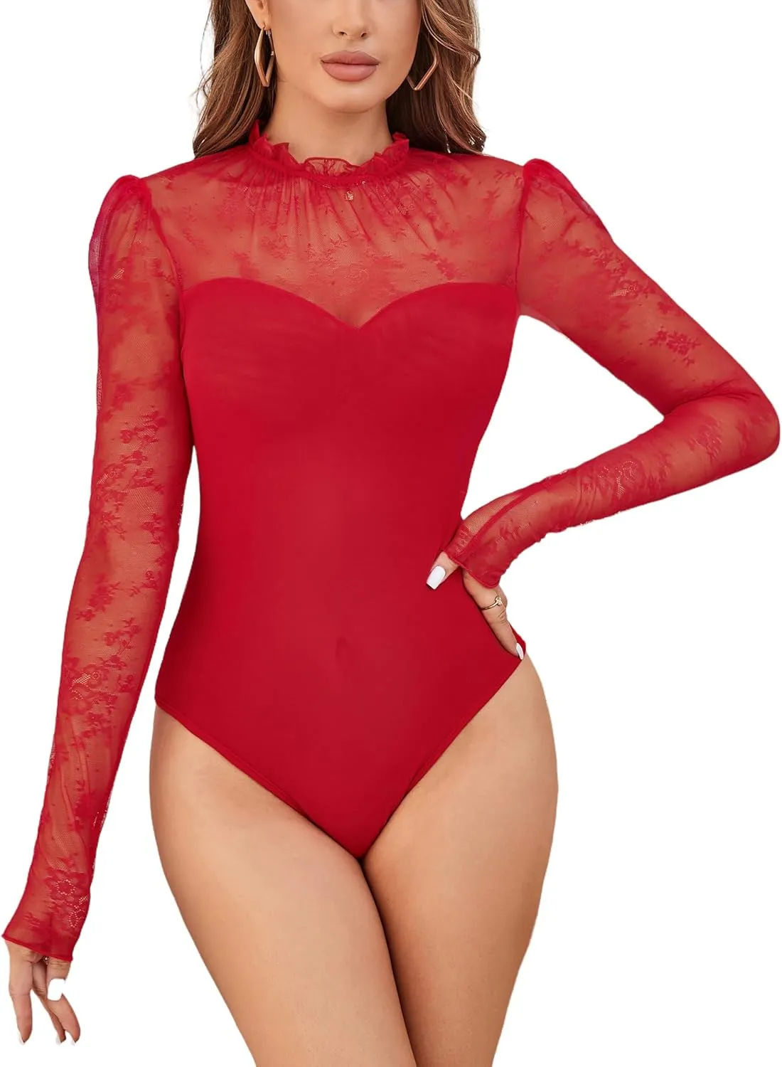 Women's Lace Mesh Crochet Splicing Sheer Long Sleeve Bodysuit Turtleneck Jumpsuit Body Suits Going Out Tops