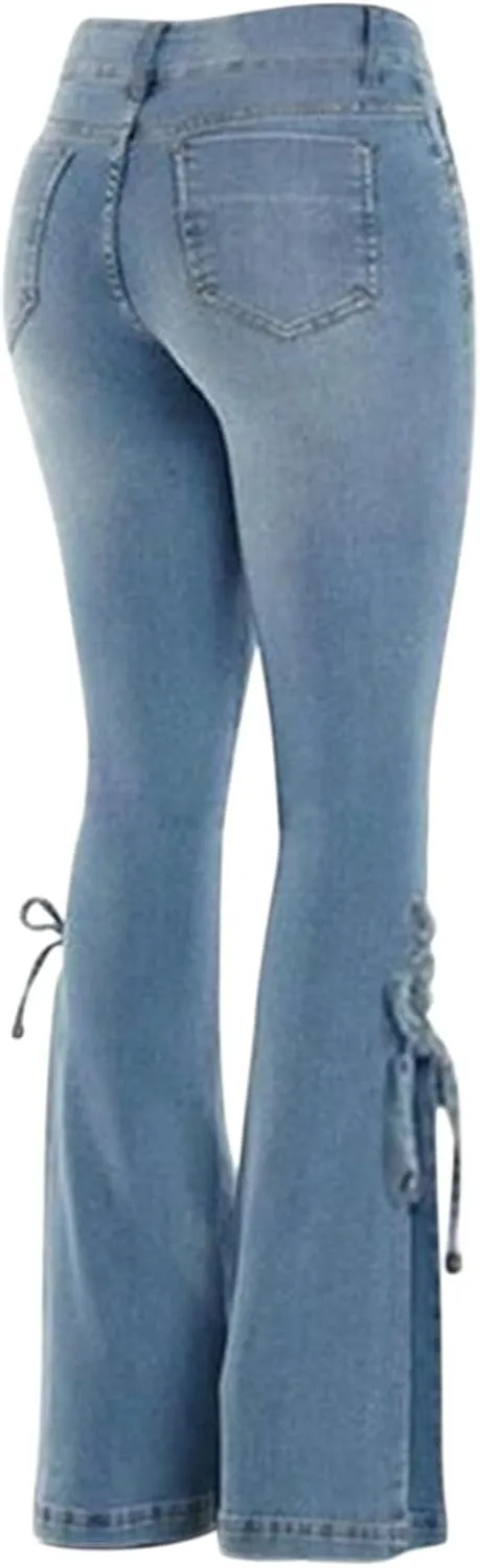 Women's Lace Up Bootcut Flare Jeans High Waisted Curvy Skinny Stretchy Wide Leg Bell Bottom Denim Pants Jean Trousers