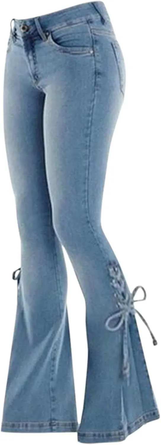 Women's Lace Up Bootcut Flare Jeans High Waisted Curvy Skinny Stretchy Wide Leg Bell Bottom Denim Pants Jean Trousers