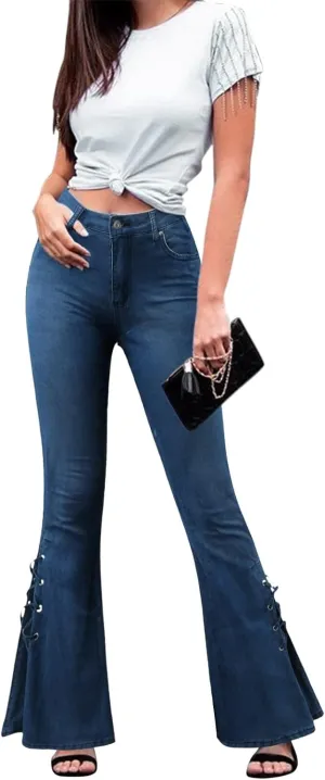 Women's Lace Up Bootcut Flare Jeans High Waisted Curvy Skinny Stretchy Wide Leg Bell Bottom Denim Pants Jean Trousers