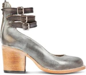 Women’s Leather Ankle Strap High Heel Pumps Vintage Style Block Heel Mary Jane Shoes with Adjustable Buckles Round Toe Back Zipper Pumps for Women