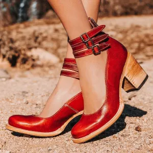 Womens Leather Ankle Strap High Heel Pumps Vintage Style Block Heel Mary Jane Shoes with Adjustable Buckles Round Toe Back Zipper Pumps for Women