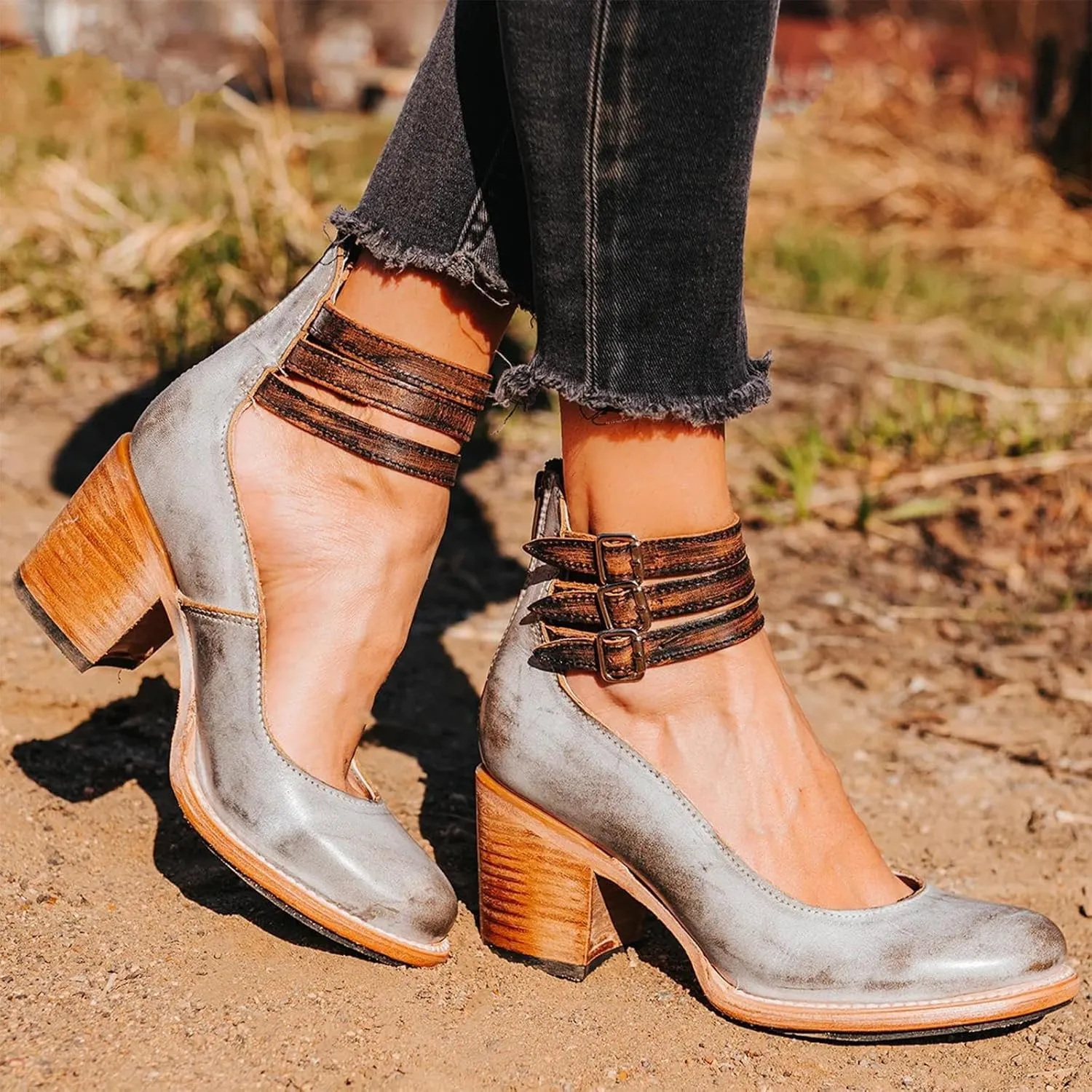 Women’s Leather Ankle Strap High Heel Pumps Vintage Style Block Heel Mary Jane Shoes with Adjustable Buckles Round Toe Back Zipper Pumps for Women